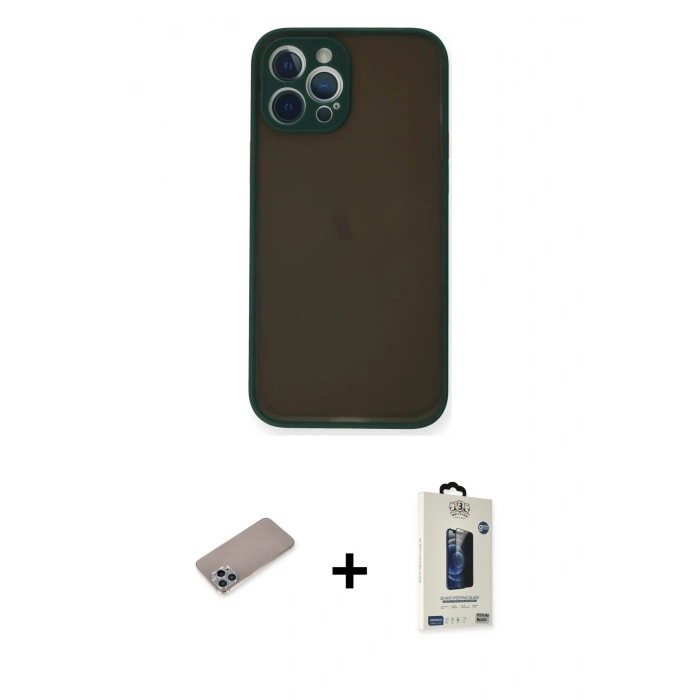 MARSİLYAN™- iPhone 12 Pro Max Kılıf Ahenk Çizgi Serisi - Siyah Bilvis Hayalet Cam Ekran Koruyucu + Shine Kamera Lens Koruma Cam - SABE