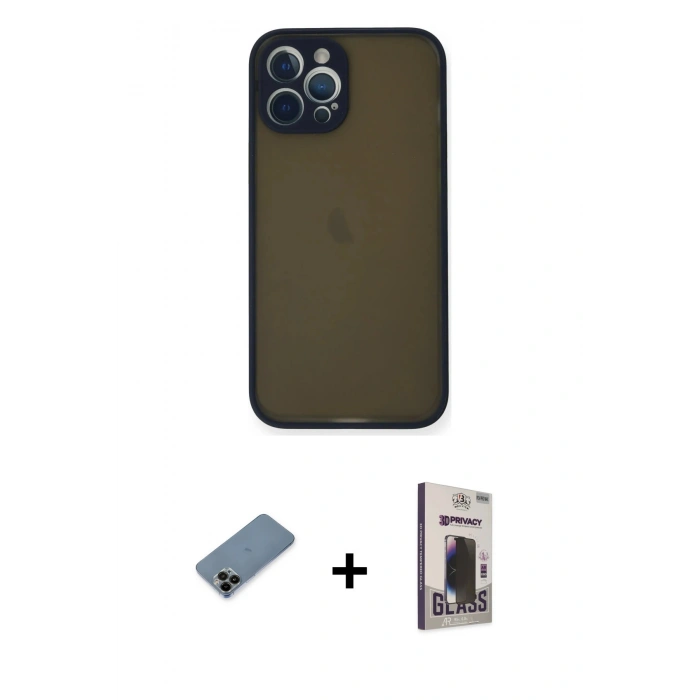 MARSİLYAN™- iPhone 12 Pro Max Kılıf Ahenk Çizgi Serisi - Siyah Bilvis Hayalet Cam Ekran Koruyucu + Shine Kamera Lens Koruma Cam - SH