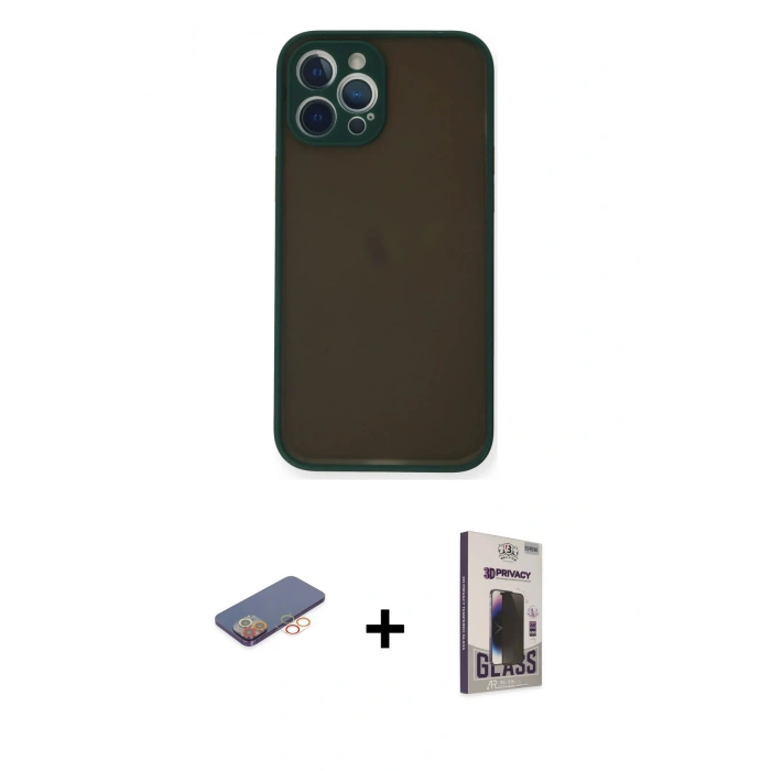 MARSİLYAN™- iPhone 12 Pro Max Kılıf Ahenk Çizgi Serisi - Siyah Bilvis Hayalet Cam Ekran Koruyucu + Turuncu Renkli Kamera Lens Koruma Cam
