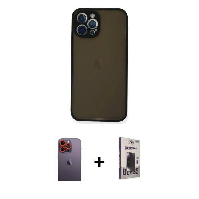 MARSİLYAN™- iPhone 12 Pro Max Kılıf Ahenk Çizgi Serisi - Siyah Bilvis Hayalet Cam Ekran Koruyucu + Neon Fosforlu Kamera Lens - TU