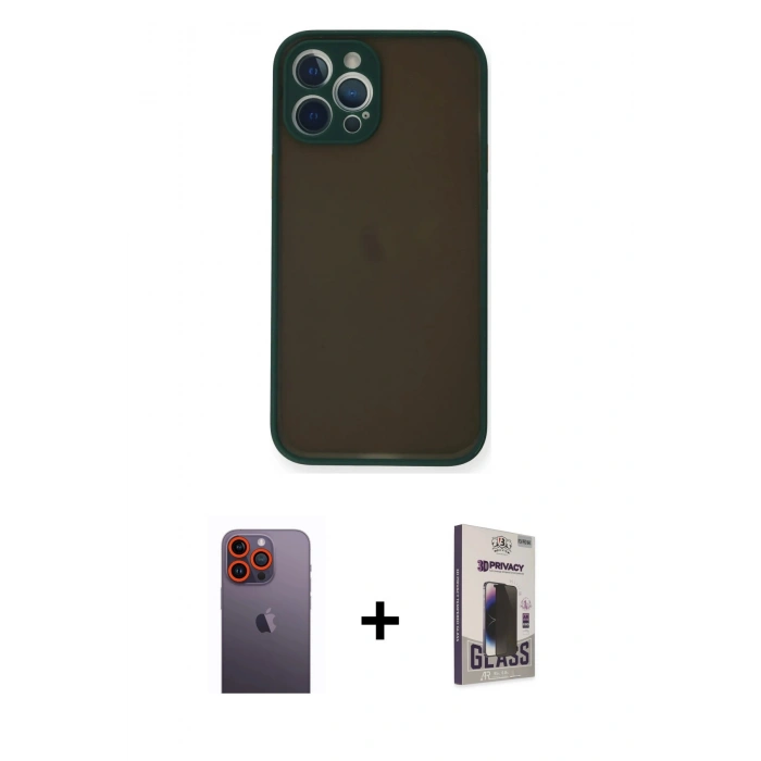 MARSİLYAN™- iPhone 12 Pro Max Kılıf Ahenk Çizgi Serisi - Siyah Bilvis Hayalet Cam Ekran Koruyucu + Neon Fosforlu Kamera Lens - TU