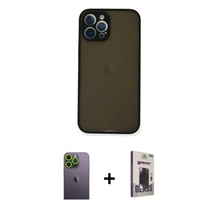 MARSİLYAN™- iPhone 12 Pro Max Kılıf Ahenk Çizgi Serisi - Siyah Bilvis Hayalet Cam Ekran Koruyucu + Neon Fosforlu Kamera Lens - YL