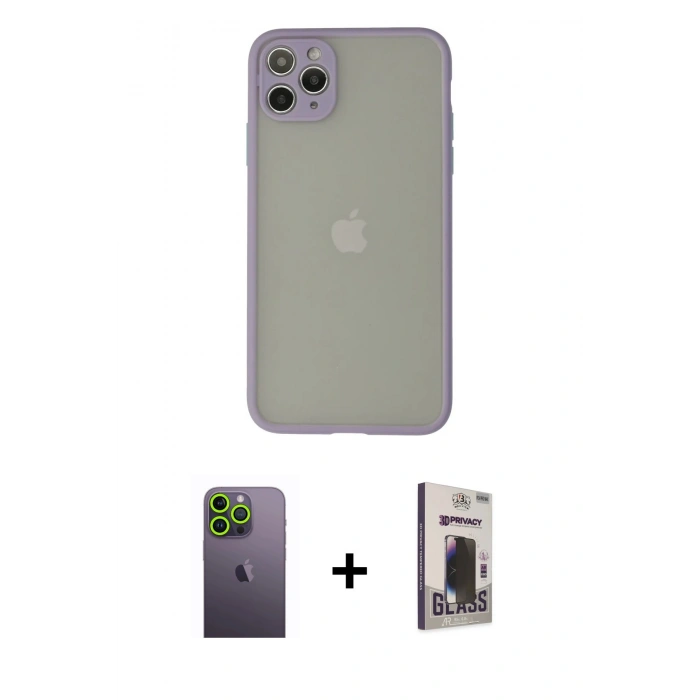 MARSİLYAN™- iPhone 12 Pro Max Kılıf Ahenk Çizgi Serisi - Siyah Bilvis Hayalet Cam Ekran Koruyucu + Neon Fosforlu Kamera Lens - YL