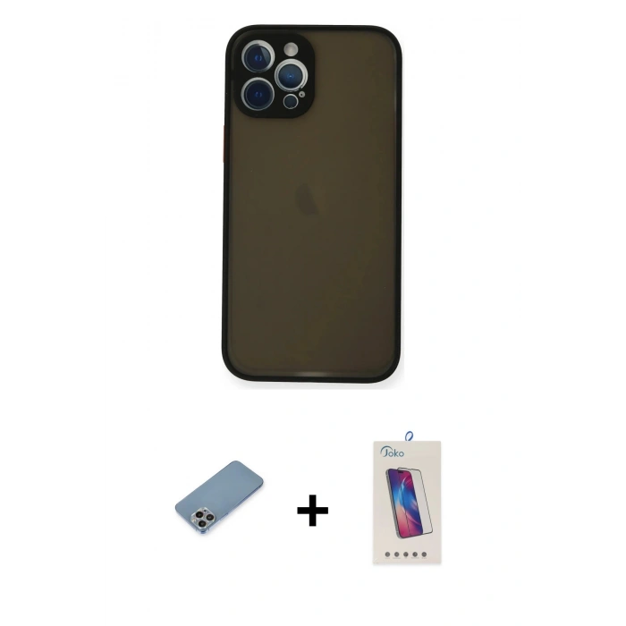 MARSİLYAN™- iPhone 12 Pro Max Kılıf Ahenk Çizgi Serisi - Siyah Joko 5D Cam + Shine Kamera Lens Koruma Cam - GI
