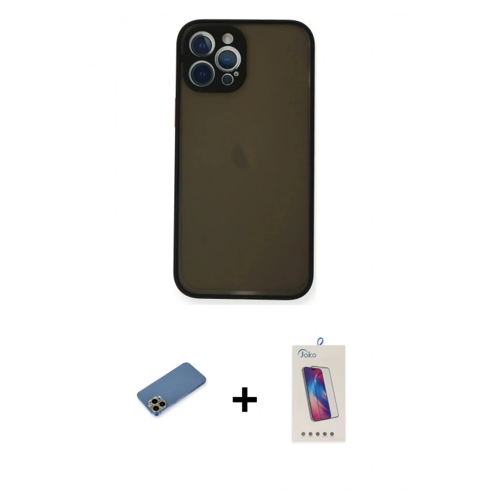MARSİLYAN™- iPhone 12 Pro Max Kılıf Ahenk Çizgi Serisi - Siyah Joko 5D Cam + Shine Kamera Lens Koruma Cam - GD