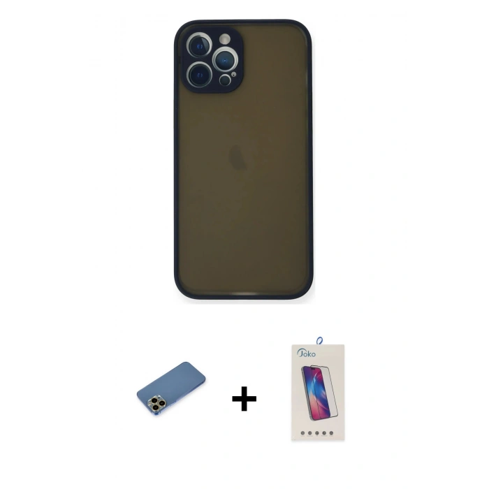 MARSİLYAN™- iPhone 12 Pro Max Kılıf Ahenk Çizgi Serisi - Siyah Joko 5D Cam + Shine Kamera Lens Koruma Cam - GD