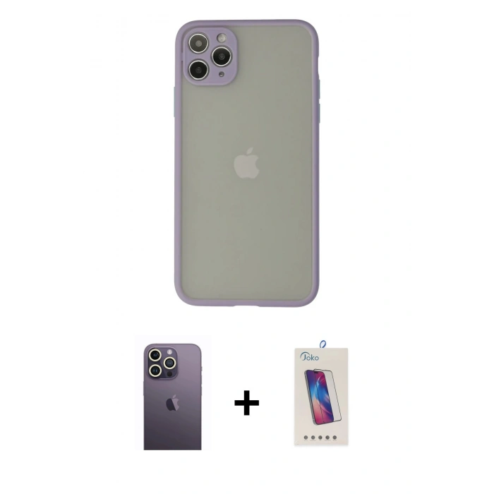 MARSİLYAN™- iPhone 12 Pro Max Kılıf Ahenk Çizgi Serisi - Siyah Joko 5D Cam + Neon Fosforlu Kamera Lens - BZ