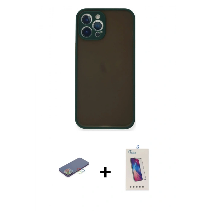 MARSİLYAN™- iPhone 12 Pro Max Kılıf Ahenk Çizgi Serisi - Siyah Joko 5D Cam + Renkli Kamera Lens Koruma Cam - MI