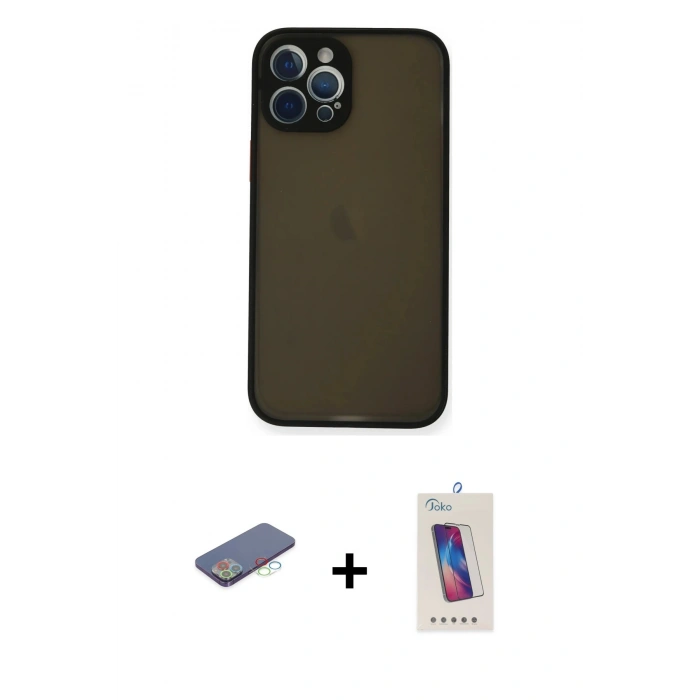 MARSİLYAN™- iPhone 12 Pro Max Kılıf Ahenk Çizgi Serisi - Siyah Joko 5D Cam + Renkli Kamera Lens Koruma Cam - MI