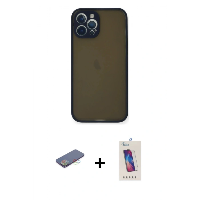 MARSİLYAN™- iPhone 12 Pro Max Kılıf Ahenk Çizgi Serisi - Siyah Joko 5D Cam + Renkli Kamera Lens Koruma Cam - MI