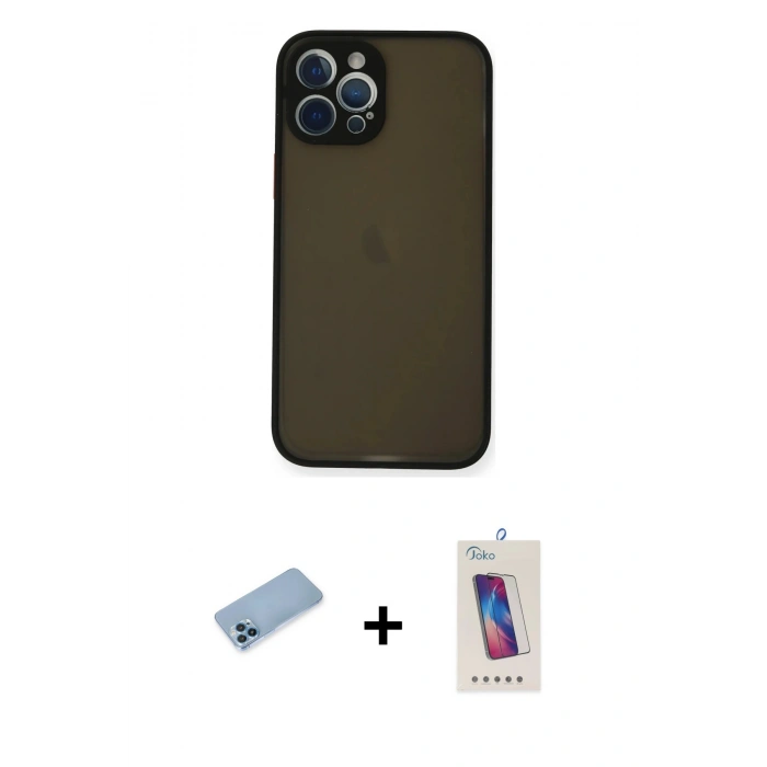 MARSİLYAN™- iPhone 12 Pro Max Kılıf Ahenk Çizgi Serisi - Siyah Joko 5D Cam + Shine Kamera Lens Koruma Cam - MI