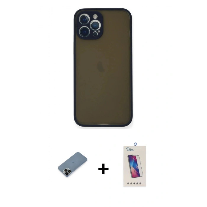 MARSİLYAN™- iPhone 12 Pro Max Kılıf Ahenk Çizgi Serisi - Siyah Joko 5D Cam + Shine Kamera Lens Koruma Cam - SH