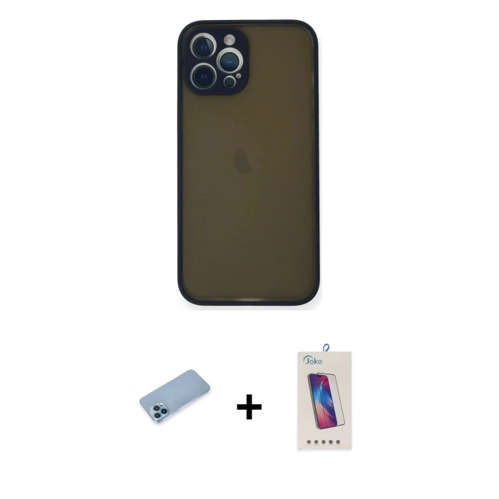 MARSİLYAN™- iPhone 12 Pro Max Kılıf Ahenk Çizgi Serisi - Siyah Joko 5D Cam + Shine Kamera Lens Koruma Cam - MI