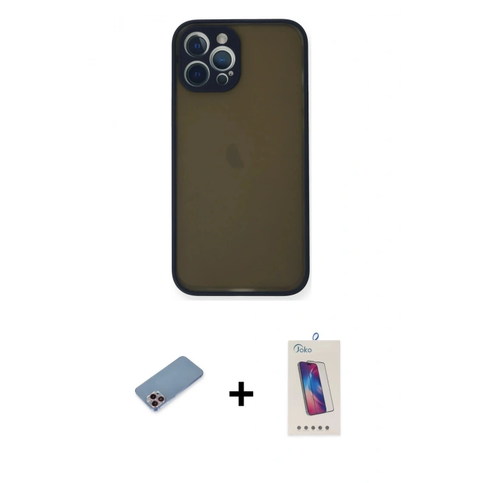 MARSİLYAN™- iPhone 12 Pro Max Kılıf Ahenk Çizgi Serisi - Siyah Joko 5D Cam + Shine Kamera Lens Koruma Cam - PE