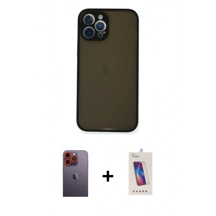 MARSİLYAN™- iPhone 12 Pro Max Kılıf Ahenk Çizgi Serisi - Siyah Joko 5D Cam + Turuncu Neon Fosforlu Kamera Lens