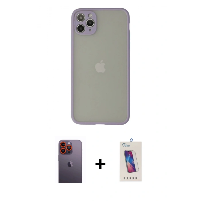 MARSİLYAN™- iPhone 12 Pro Max Kılıf Ahenk Çizgi Serisi - Siyah Joko 5D Cam + Turuncu Neon Fosforlu Kamera Lens