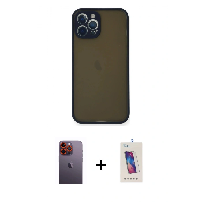 MARSİLYAN™- iPhone 12 Pro Max Kılıf Ahenk Çizgi Serisi - Siyah Joko 5D Cam + Turuncu Neon Fosforlu Kamera Lens