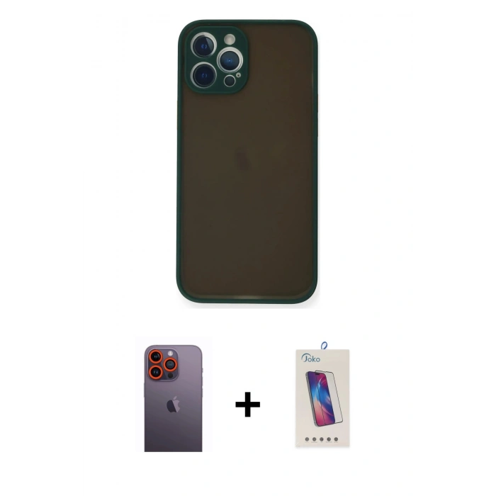 MARSİLYAN™- iPhone 12 Pro Max Kılıf Ahenk Çizgi Serisi - Siyah Joko 5D Cam + Turuncu Neon Fosforlu Kamera Lens