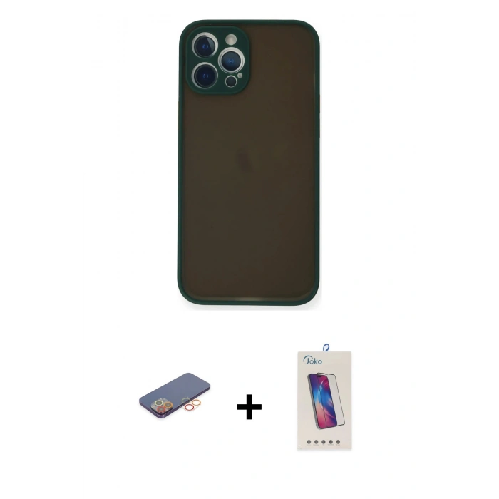 MARSİLYAN™- iPhone 12 Pro Max Kılıf Ahenk Çizgi Serisi - Siyah Joko 5D Cam + Renkli Kamera Lens Koruma Cam - TU