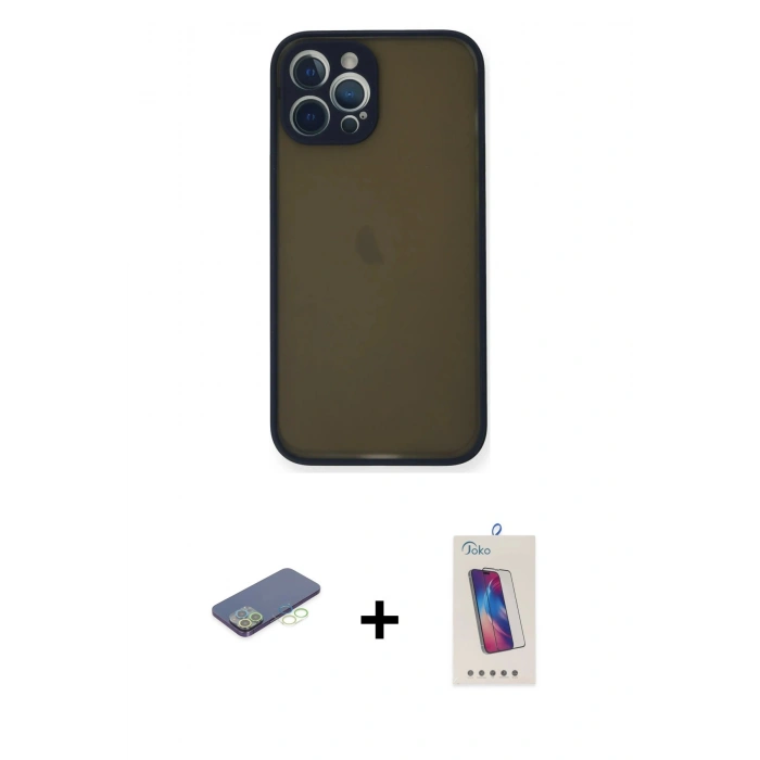 MARSİLYAN™- iPhone 12 Pro Max Kılıf Ahenk Çizgi Serisi - Siyah Joko 5D Cam + Yeşil Renkli Kamera Lens Koruma Cam