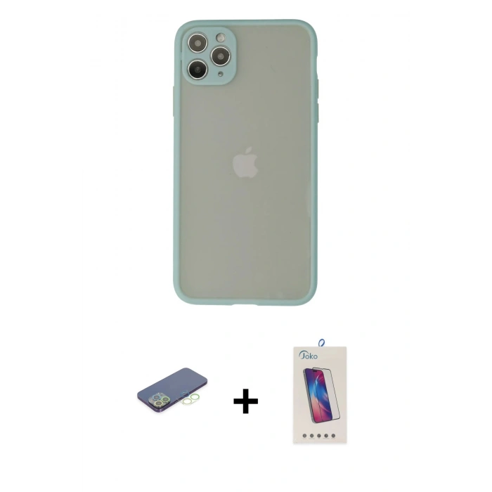 MARSİLYAN™- iPhone 12 Pro Max Kılıf Ahenk Çizgi Serisi - Siyah Joko 5D Cam + Yeşil Renkli Kamera Lens Koruma Cam