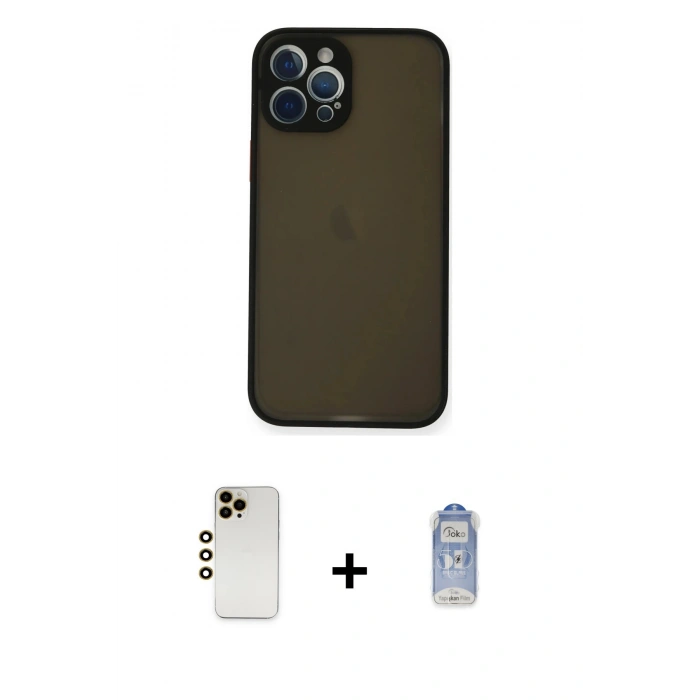 MARSİLYAN™- iPhone 12 Pro Max Kılıf Ahenk Çizgi Serisi - Siyah Joko Magic 5D Cam + Gold Shine Kamera Lens