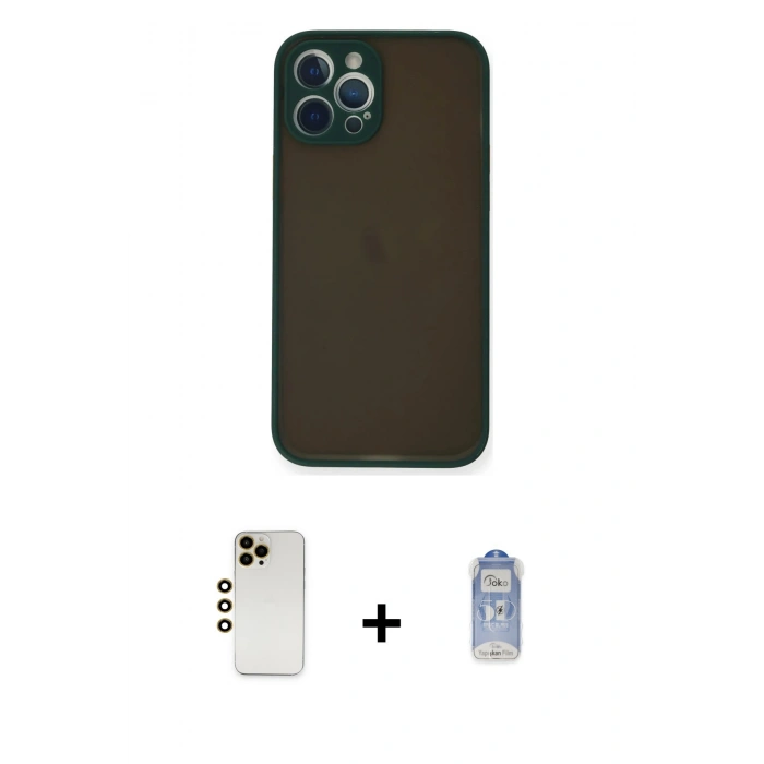 MARSİLYAN™- iPhone 12 Pro Max Kılıf Ahenk Çizgi Serisi - Siyah Joko Magic 5D Cam + Gold Shine Kamera Lens