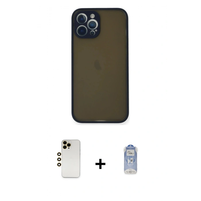 MARSİLYAN™- iPhone 12 Pro Max Kılıf Ahenk Çizgi Serisi - Siyah Joko Magic 5D Cam + Gold Shine Kamera Lens