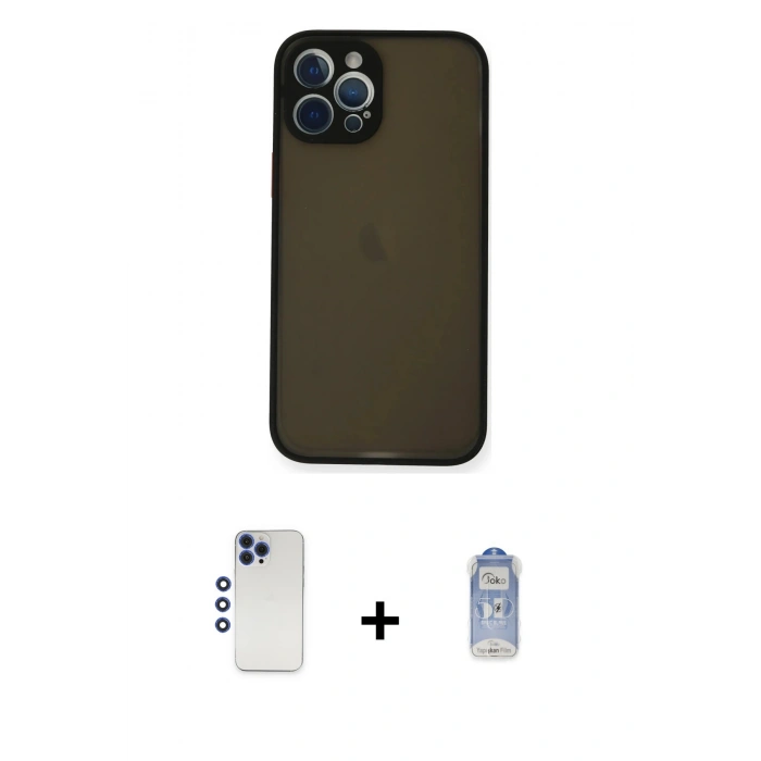 MARSİLYAN™- iPhone 12 Pro Max Kılıf Ahenk Çizgi Serisi - Siyah Joko Magic 5D Cam + Lacivert Shine Kamera Lens