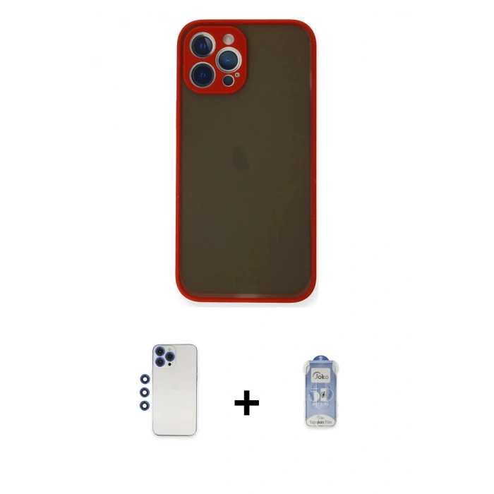 MARSİLYAN™- iPhone 12 Pro Max Kılıf Ahenk Çizgi Serisi - Siyah Joko Magic 5D Cam + Lacivert Shine Kamera Lens