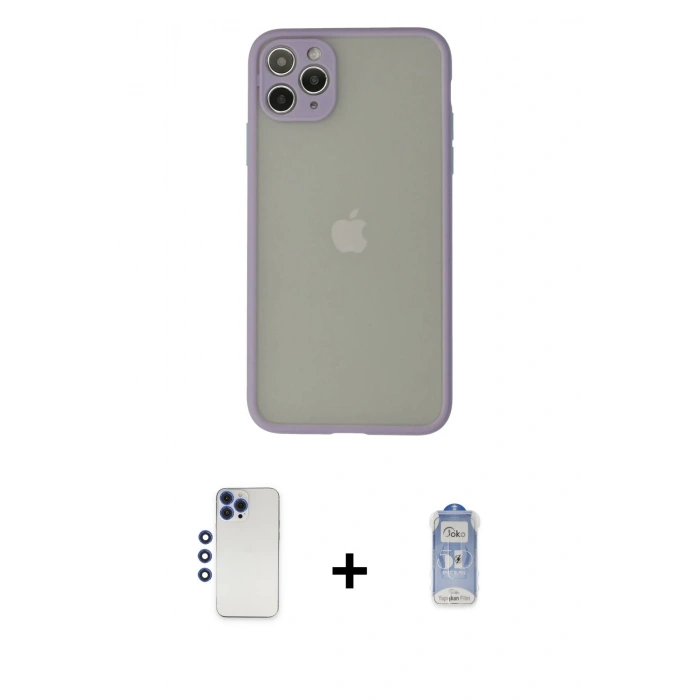 MARSİLYAN™- iPhone 12 Pro Max Kılıf Ahenk Çizgi Serisi - Siyah Joko Magic 5D Cam + Lacivert Shine Kamera Lens