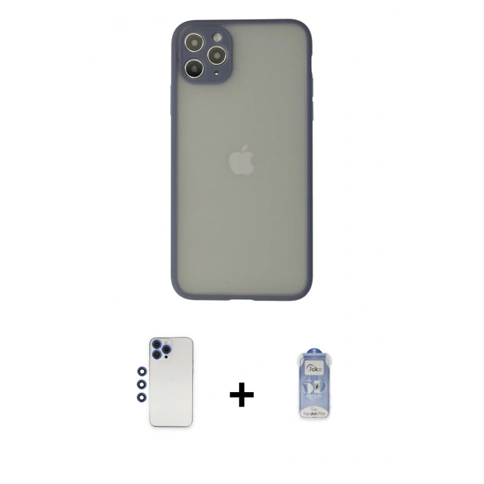 MARSİLYAN™- iPhone 12 Pro Max Kılıf Ahenk Çizgi Serisi - Siyah Joko Magic 5D Cam + Lacivert Shine Kamera Lens