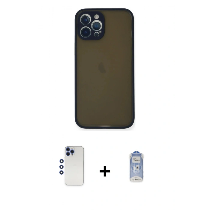 MARSİLYAN™- iPhone 12 Pro Max Kılıf Ahenk Çizgi Serisi - Siyah Joko Magic 5D Cam + Lacivert Shine Kamera Lens