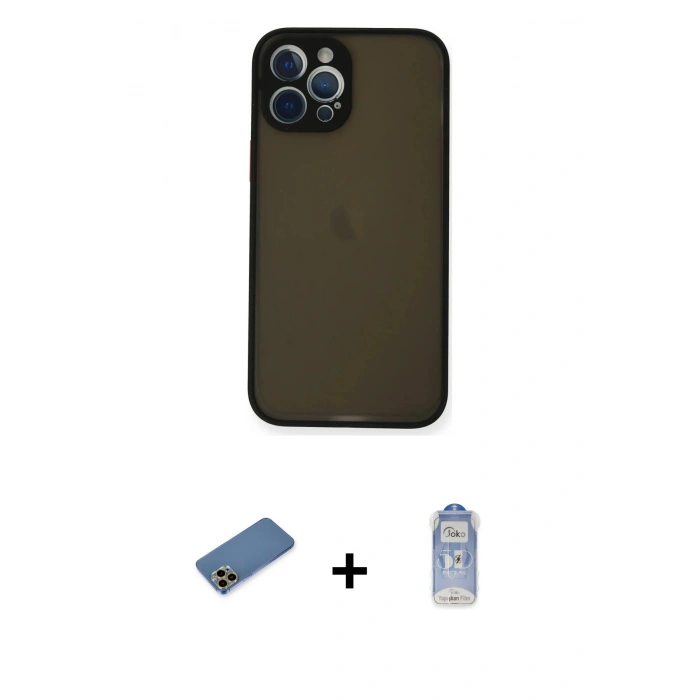 MARSİLYAN™- iPhone 12 Pro Max Kılıf Ahenk Çizgi Serisi - Siyah Joko Magic 5D Cam + Shine Kamera Lens Koruma Cam - GD