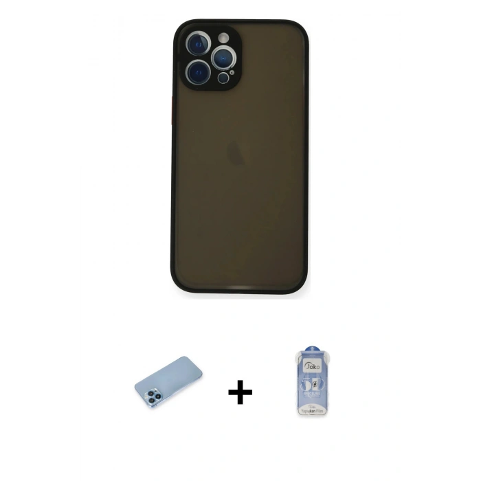 MARSİLYAN™- iPhone 12 Pro Max Kılıf Ahenk Çizgi Serisi - Siyah Joko Magic 5D Cam + Shine Kamera Lens Koruma Cam - MI