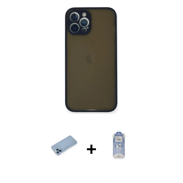 MARSİLYAN™- iPhone 12 Pro Max Kılıf Ahenk Çizgi Serisi - Siyah Joko Magic 5D Cam + Shine Kamera Lens Koruma Cam - MI