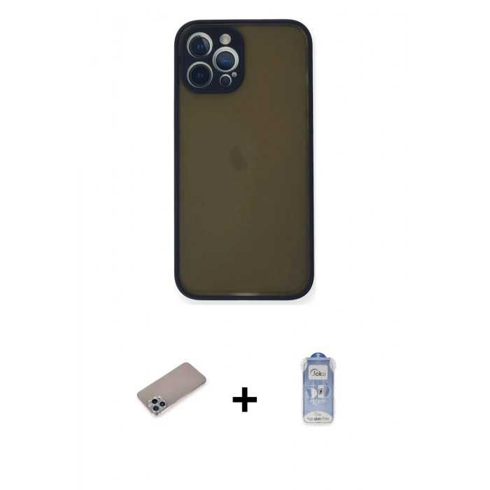 MARSİLYAN™- iPhone 12 Pro Max Kılıf Ahenk Çizgi Serisi - Siyah Joko Magic 5D Cam + Shine Kamera Lens Koruma Cam - SABE