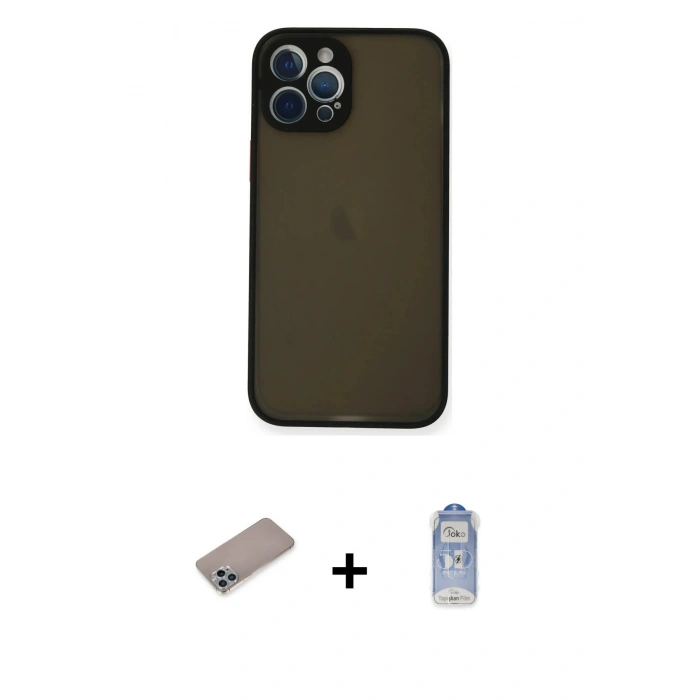MARSİLYAN™- iPhone 12 Pro Max Kılıf Ahenk Çizgi Serisi - Siyah Joko Magic 5D Cam + Shine Kamera Lens Koruma Cam - SABE