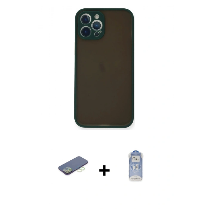 MARSİLYAN™- iPhone 12 Pro Max Kılıf Ahenk Çizgi Serisi - Siyah Joko Magic 5D Cam + Yeşil Renkli Kamera Lens Koruma Cam