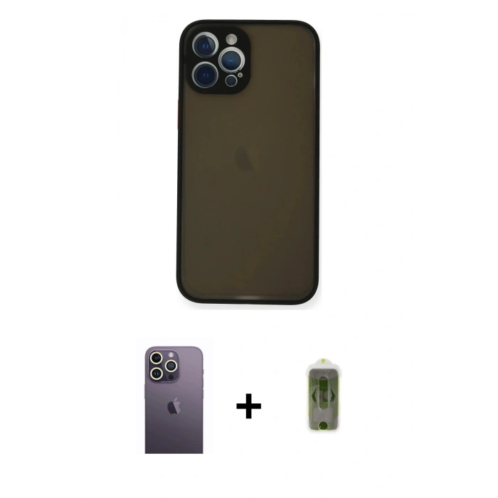 MARSİLYAN™- iPhone 12 Pro Max Kılıf Ahenk Çizgi Serisi - Siyah Joko Magic 5D Hayalet Cam + Beyaz Neon Fosforlu Kamera Lens