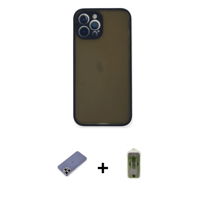 MARSİLYAN™- iPhone 12 Pro Max Kılıf Ahenk Çizgi Serisi - Siyah Joko Magic 5D Hayalet Cam + Gold Metal Kamera Lens Koruma Cam