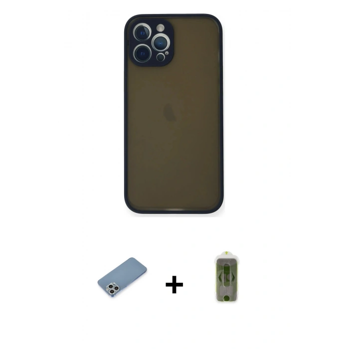 MARSİLYAN™- iPhone 12 Pro Max Kılıf Ahenk Çizgi Serisi - Siyah Joko Magic 5D Hayalet Cam + Gümüş Shine Kamera Lens Koruma Cam