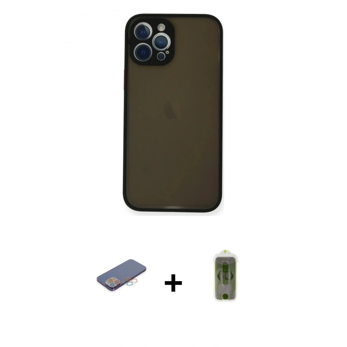MARSİLYAN™- iPhone 12 Pro Max Kılıf Ahenk Çizgi Serisi - Siyah Joko Magic 5D Hayalet Cam + Renkli Kamera Lens Koruma Cam - PE