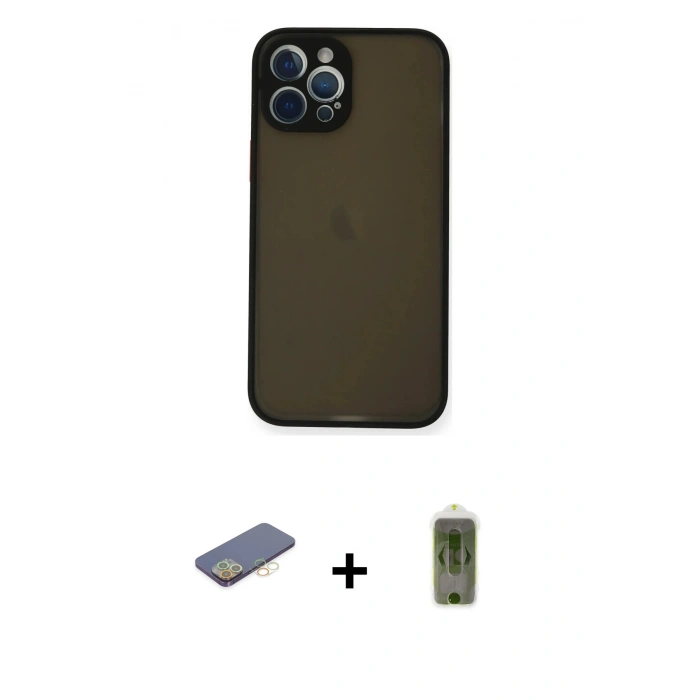 MARSİLYAN™- iPhone 12 Pro Max Kılıf Ahenk Çizgi Serisi - Siyah Joko Magic 5D Hayalet Cam + Renkli Kamera Lens Koruma Cam - SI