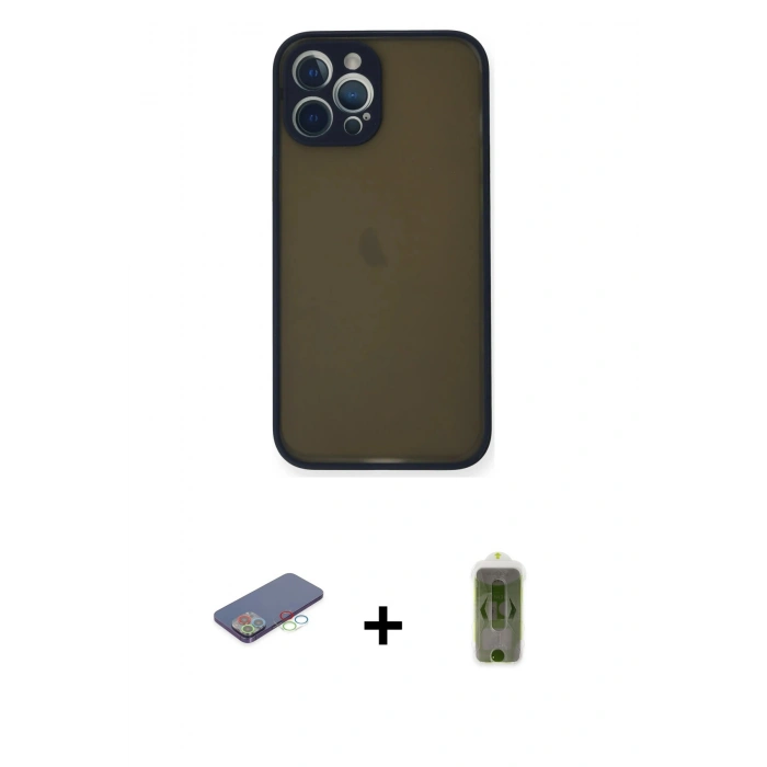 MARSİLYAN™- iPhone 12 Pro Max Kılıf Ahenk Çizgi Serisi - Siyah Joko Magic 5D Hayalet Cam + Renkli Kamera Lens Koruma Cam - MI