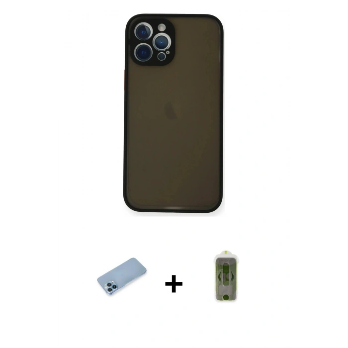 MARSİLYAN™- iPhone 12 Pro Max Kılıf Ahenk Çizgi Serisi - Siyah Joko Magic 5D Hayalet Cam + Shine Kamera Lens Koruma Cam - MI