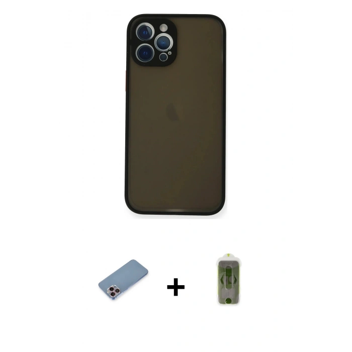 MARSİLYAN™- iPhone 12 Pro Max Kılıf Ahenk Çizgi Serisi - Siyah Joko Magic 5D Hayalet Cam + Shine Kamera Lens Koruma Cam - PE