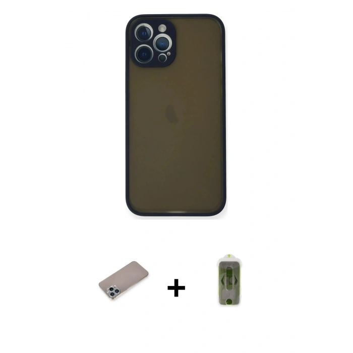 MARSİLYAN™- iPhone 12 Pro Max Kılıf Ahenk Çizgi Serisi - Siyah Joko Magic 5D Hayalet Cam + Shine Kamera Lens Koruma Cam - SABE