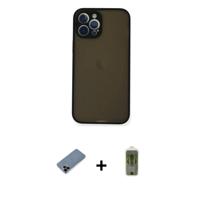 MARSİLYAN™- iPhone 12 Pro Max Kılıf Ahenk Çizgi Serisi - Siyah Joko Magic 5D Hayalet Cam + Shine Kamera Lens Koruma Cam - SH