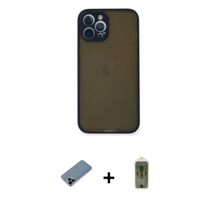 MARSİLYAN™- iPhone 12 Pro Max Kılıf Ahenk Çizgi Serisi - Siyah Joko Magic 5D Hayalet Cam + Shine Kamera Lens Koruma Cam - SH
